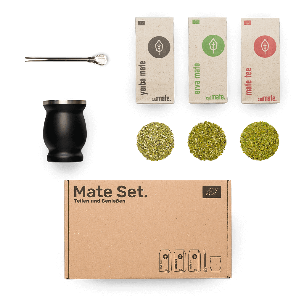 Matetee set caámate Edelstahl Matebecher Kalebasse schwarz bombilla Edelstahl silber + 3 Sorten Mate tee erva mate yerba mate und mate tee