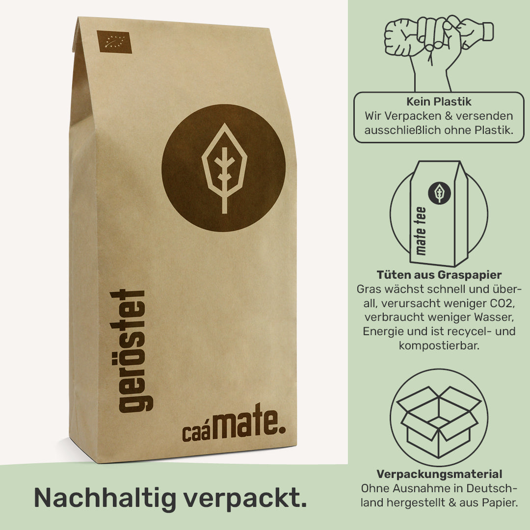 caámate geröstet Mate Tee plastikfrei verpackt nachhaltiges Verpackungsmaterial